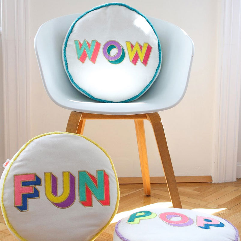 'WOW' Embroidered Round Cushion - Nous Wanderlust Stories